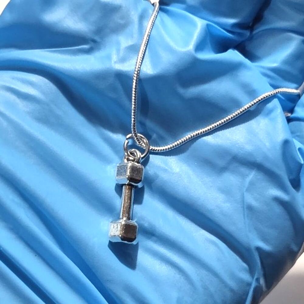 925 Sterling Silver Neckace Dumbbell Weightlifter Valentines Birthday Gift - NEW
